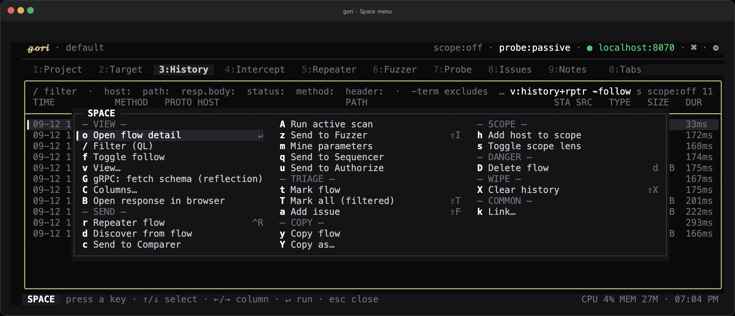 Gori's command menu, one Space away